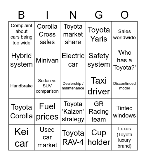 Toyota class! Bingo Card