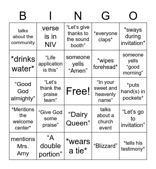 Bradley Church Sermon Bingo Card