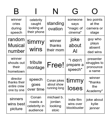 Oscars 2026 Bingo Card