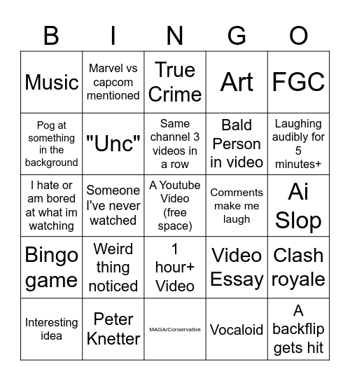 Youtube Autoplay Bingo Card