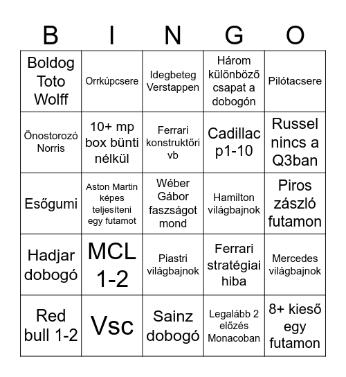 F1 26 Bingo Card