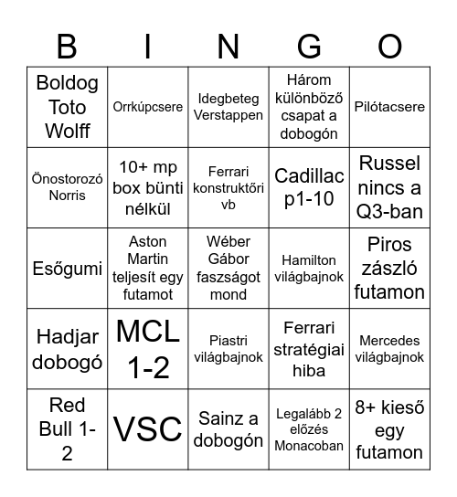 F1 26 Bingo Card
