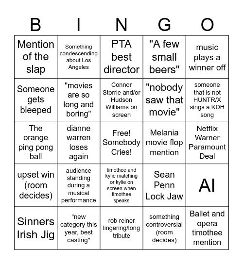 Adrianna's Famous Oscar Bingo Card