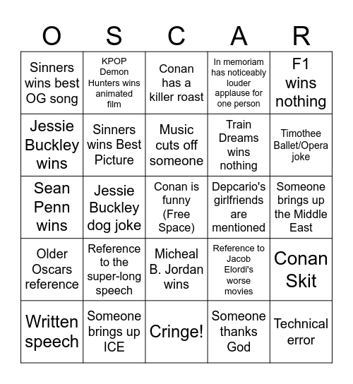 Oscar's 2026 Bingo Card