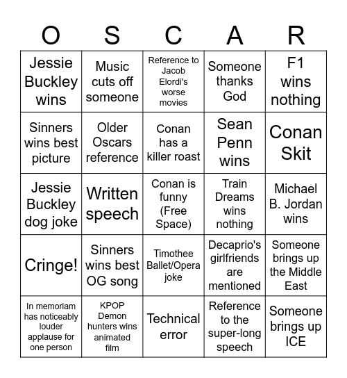 Oscars 2026 Bingo Card