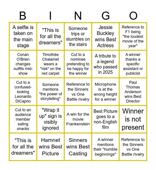Oscars 2026! Bingo Card