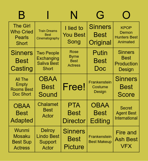 2026 Oscar Bingo Card