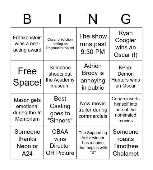 Oscar Bingo Card