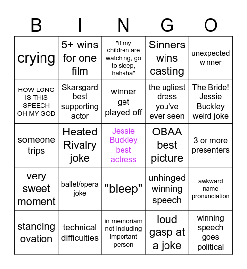 OSCARS 2026 Bingo Card