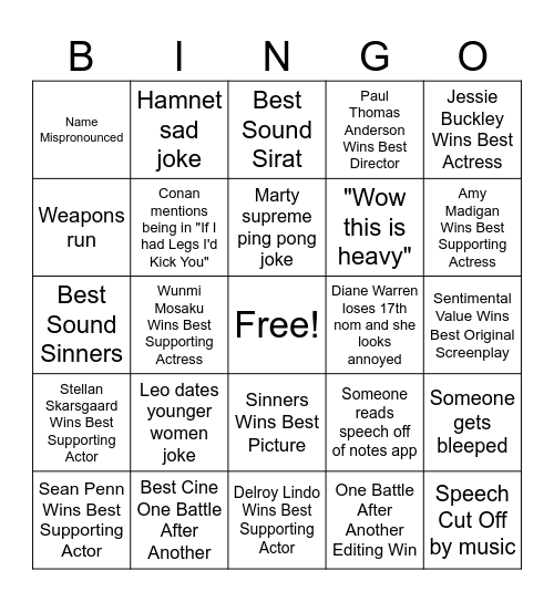 Oscars 2026 Bingo Card