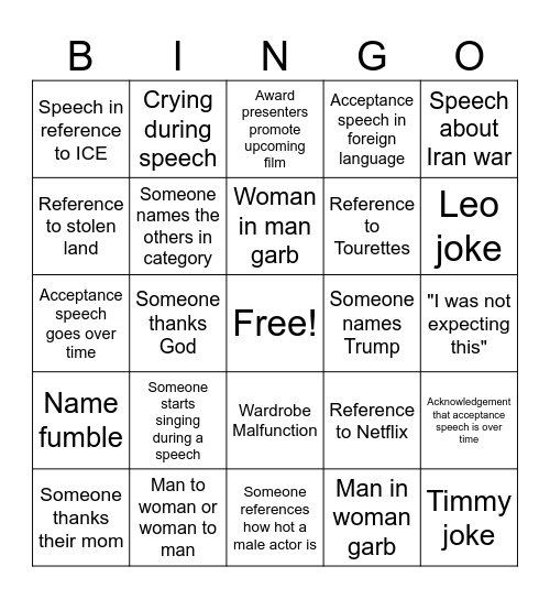 Oscar Night Bingo Card