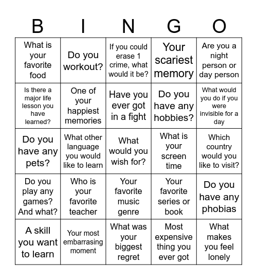 QUESTION BINGO Card