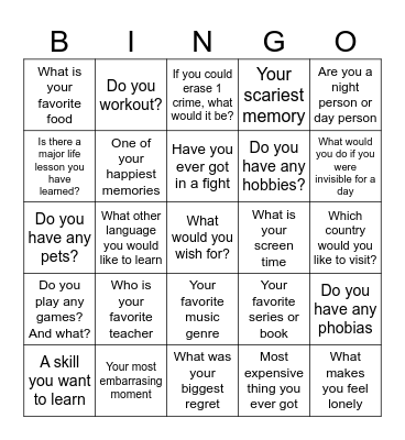 QUESTION BINGO Card