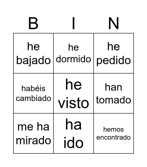 pretérito perfecto - Mis tías Juanjo Bona Bingo Card