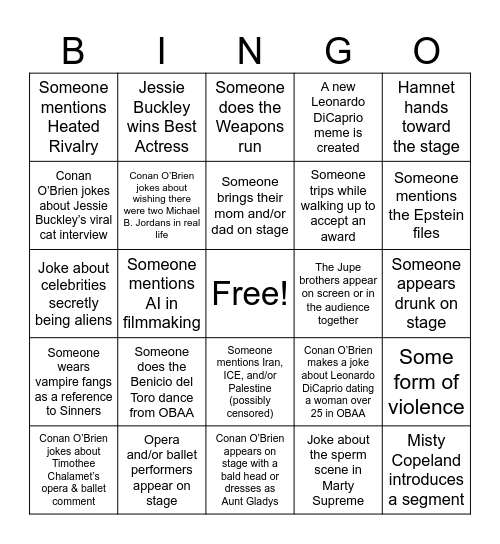 Oscars 2026 Bingo Card