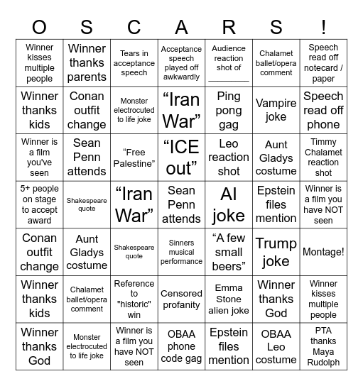 2026 Academy Awards Bingo Card