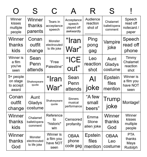Academy Awards 2026 Bingo Card