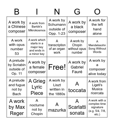 Solo Piano Pieces You Have Learned Bingo Card