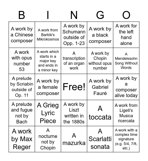 Solo Piano Pieces You Have Learned Bingo Card