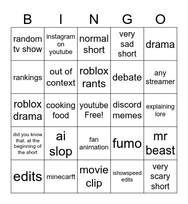 youtube Bingo Card