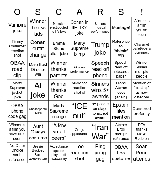 2026 Academy Awards Bingo Card