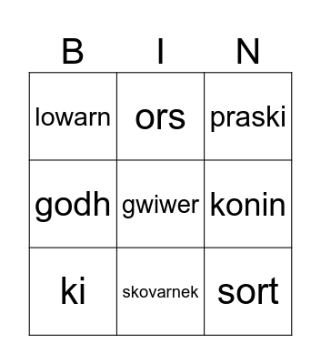 Cornish animals Bingo Card