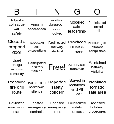 Bethel Safety Bingo Card