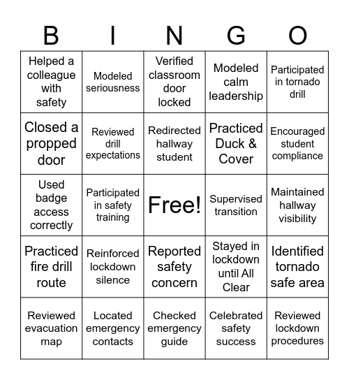 Bethel Safety Bingo Card
