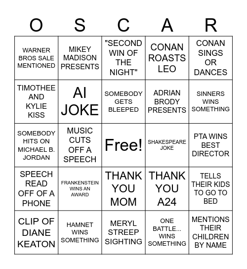 OSCARS 2026 Bingo Card