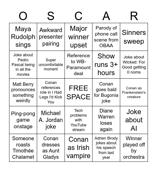 Oscars 2026 Bingo Card