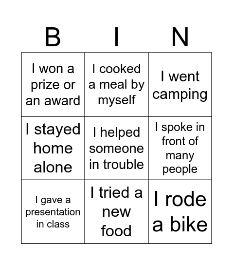 My first time... Bingo Card