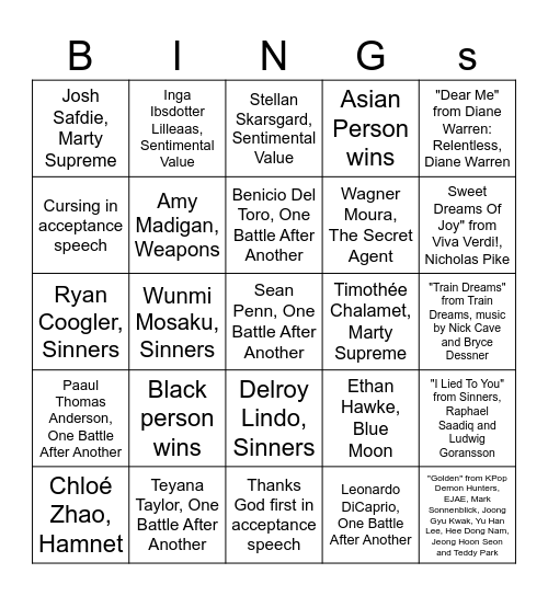 Oscars 2026 Bingo Card