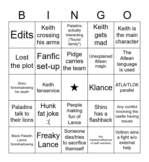 Voltron Rewatch Bingo Card