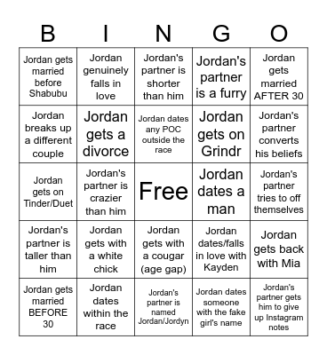 Jordan's Love Life Bingo Card