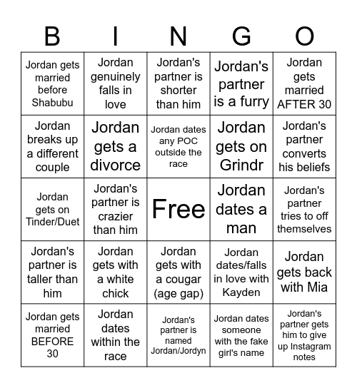 Jordan's Love Life Bingo Card