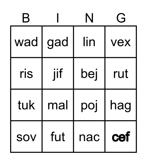 Non-sense Words Bingo Card
