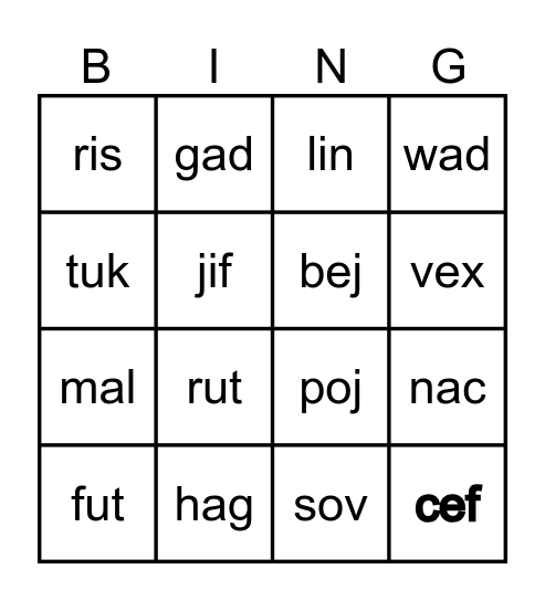 Non-sense Words Bingo Card