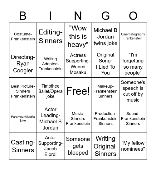 Oscars 2026 Bingo Card