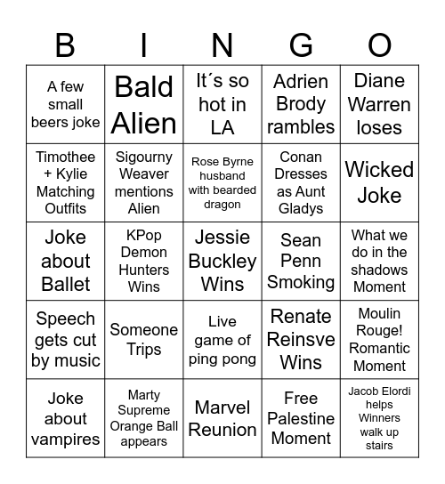 OSCARS 2026 BINGO CARD Bingo Card