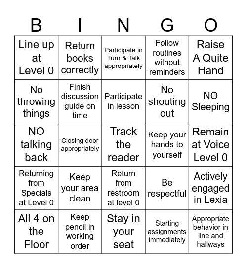 6th Grade Success Bingo Card