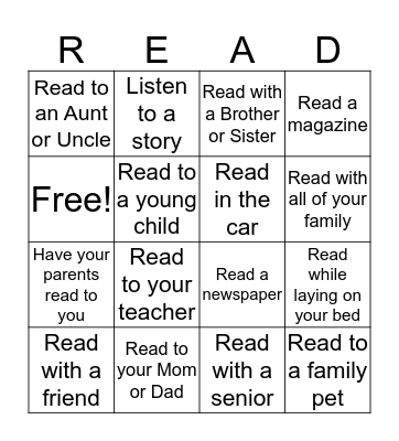Family Literacy Bingo Card