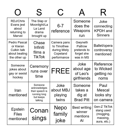 2026 Oscars Bingo! Bingo Card