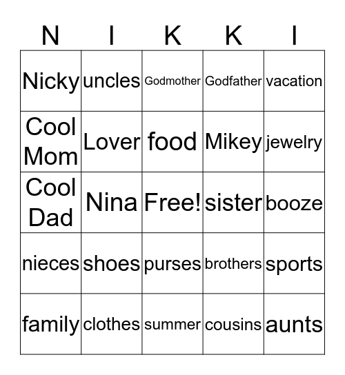 NIKKI'S 40th Bingo Card