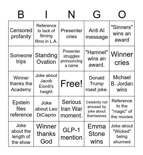 Oscar Night Bingo 2026 Bingo Card