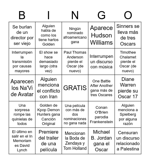 OSCARES 2026 Bingo Card