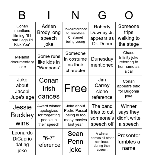 Oscars Bingo Card