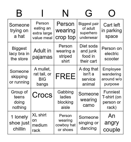 Walmart Bingo Card
