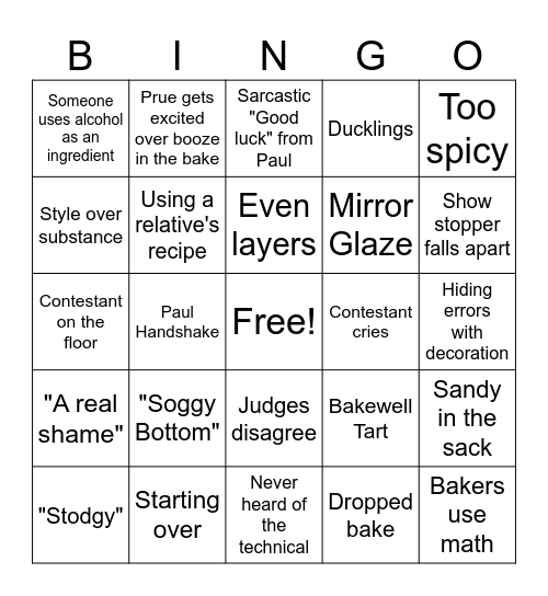 Great British Bake Off Bingo Card