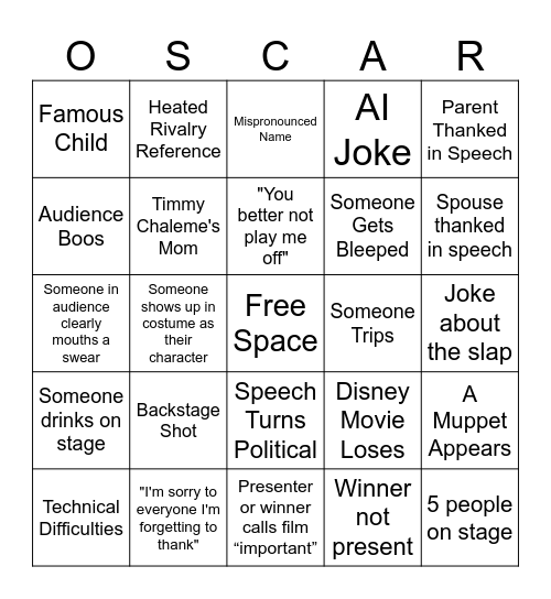 Oscars Bingo Card
