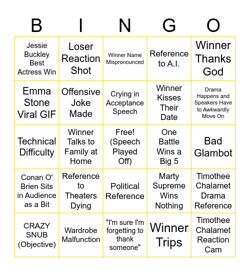 2026 Oscars Bingo! Bingo Card